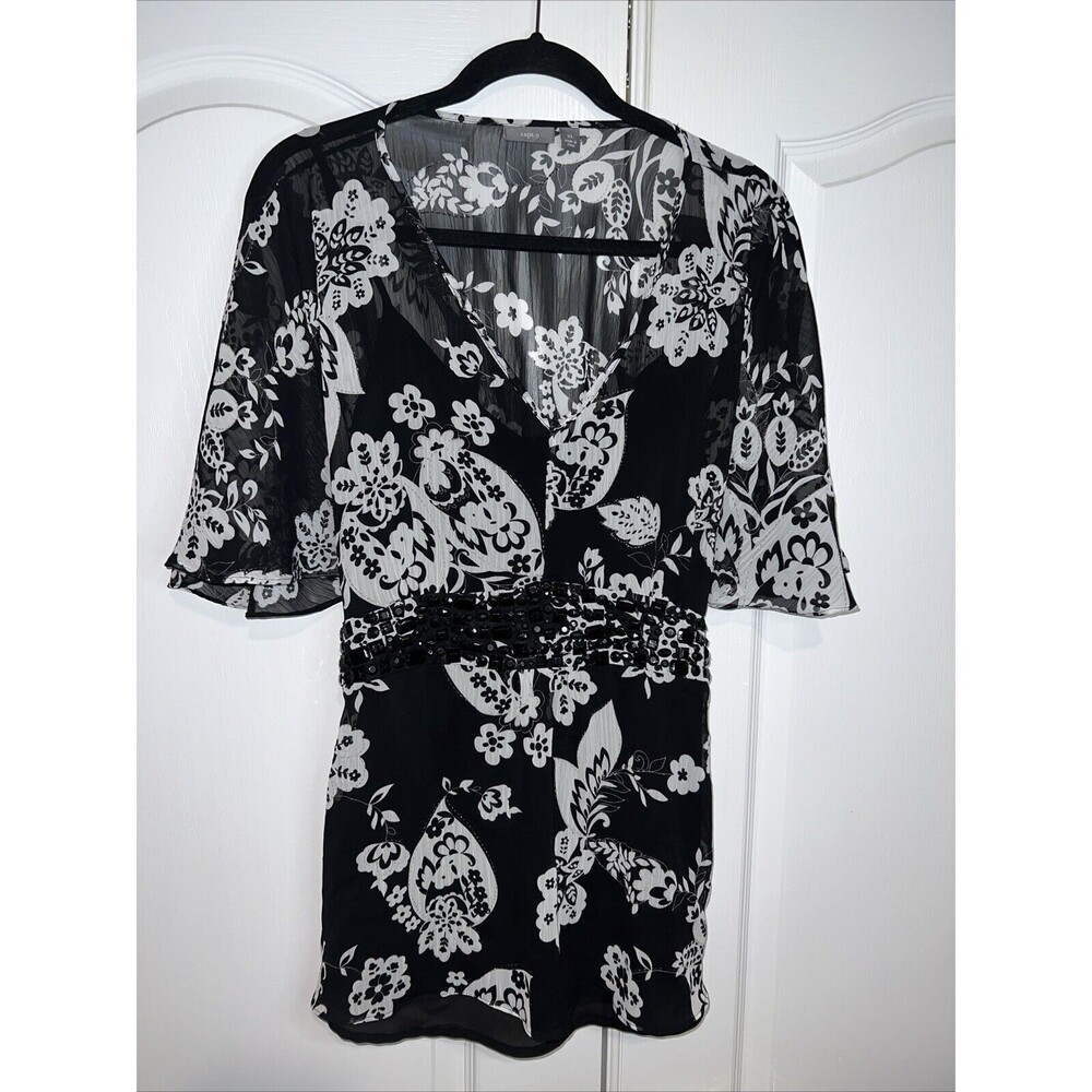 Apt 9 Sheer Blouse Top Lined XL Black White Floral Jewel Embellish Back Tie Dark